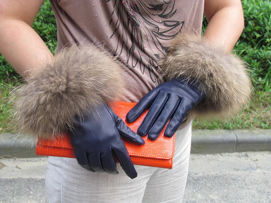 Real Sheepskin Fox Fur Gloves Women's Genuine Leather Glove Winter Warm Fashion Style Natural Fluffy Fox Fur Oversized Customize