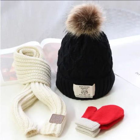 Three piece children&#39;s hat and scarf autumn/winter warm knit hat baby boy girl baby wool knit hat tide Cute fashion hat