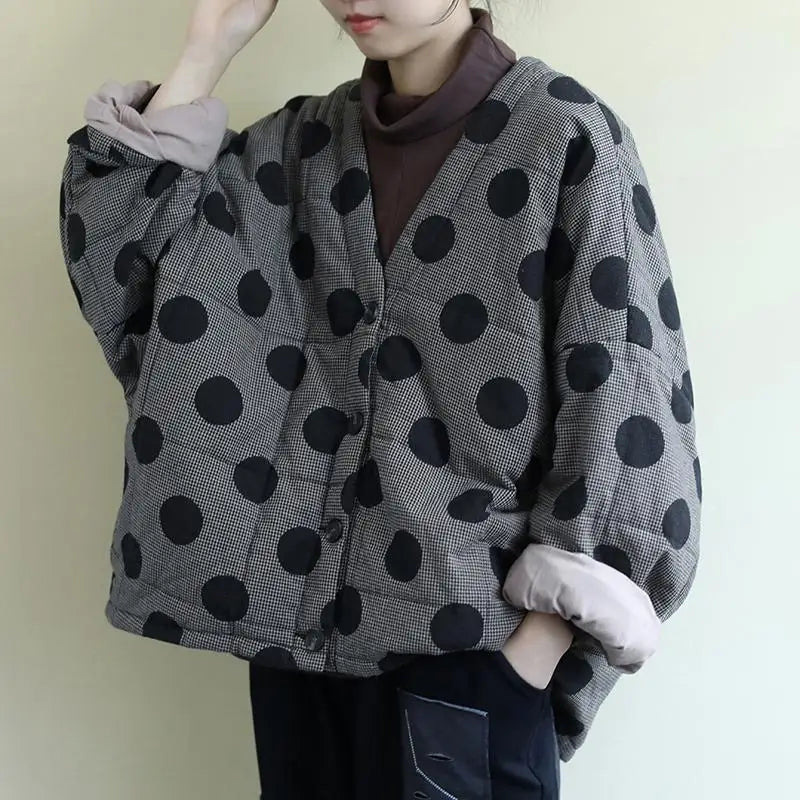 Johnature Women Polka Dot Parkas V-Neck Bat Sleeve Warm Coats 2024 Autumn New Button Loose Female Clothes Casual Parkas Coats