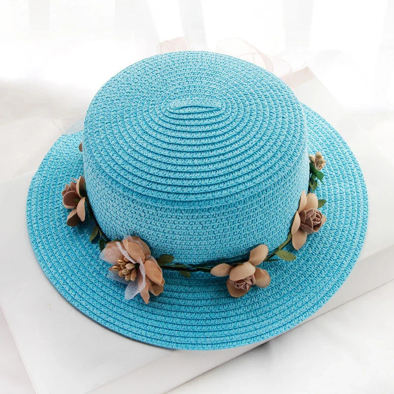 2019 Parent-child Summer New Women's Sun Hat Bucket cap beige lace Bowknot Flowers Ribbon Flat top Straw Hat Beach Caps Panama