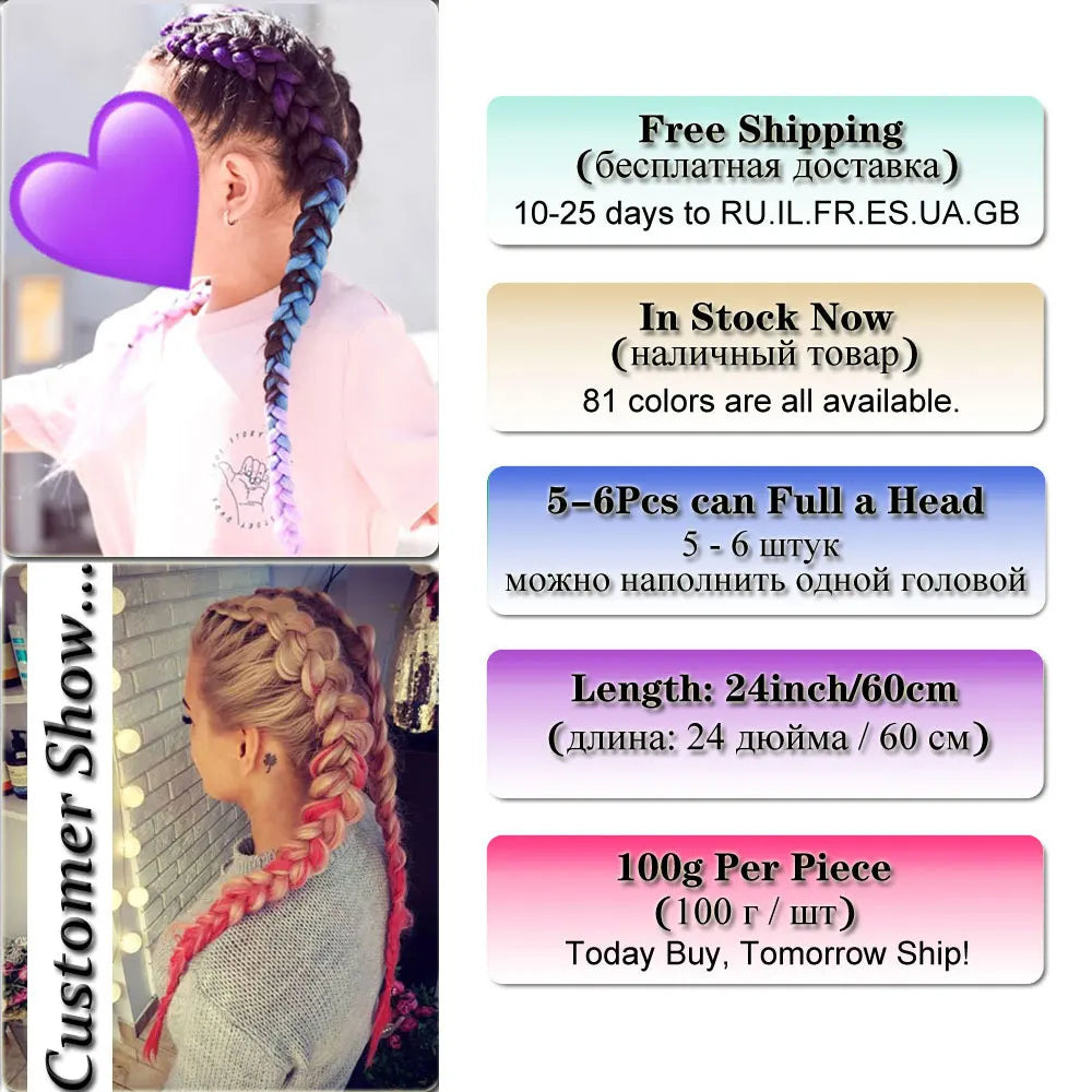 24Inch Synthetic Hair Extensions for Braids 100g/pc Jumbo Braiding Hair Kanekalon Colored Hair Pre Stretched Yaki Jumbo Braids