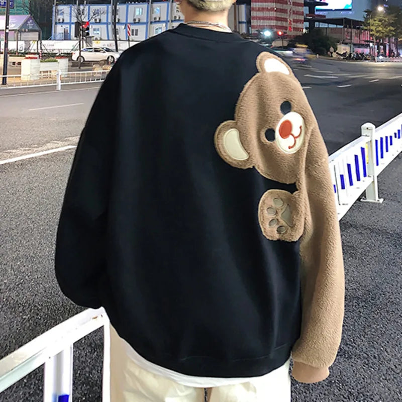 2024 Spring Harajuku Men Round Neck Sweatshirt Flocking Cartoon Bear Fleece Long Sleeves Hoodies Unisex Couple Matching Outwear