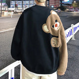 2024 Spring Harajuku Men Round Neck Sweatshirt Flocking Cartoon Bear Fleece Long Sleeves Hoodies Unisex Couple Matching Outwear