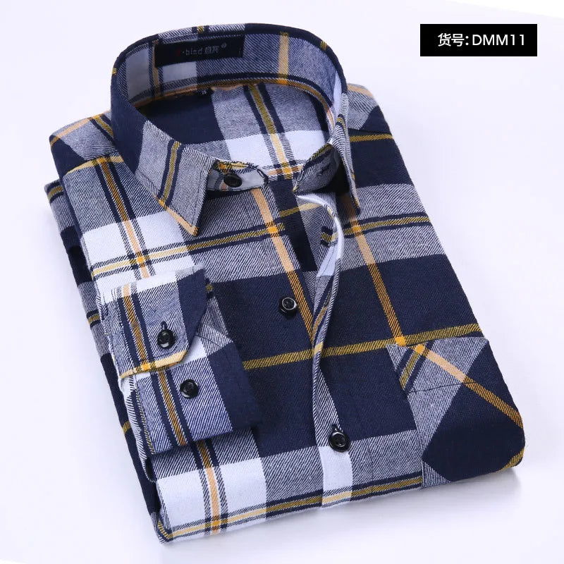 Quality Flannel Plaid Men Shirt Cotton Spring Autumn Casual Long Sleeve Dress Shirts Soft Comfort Slim Fit Button Down Clothes