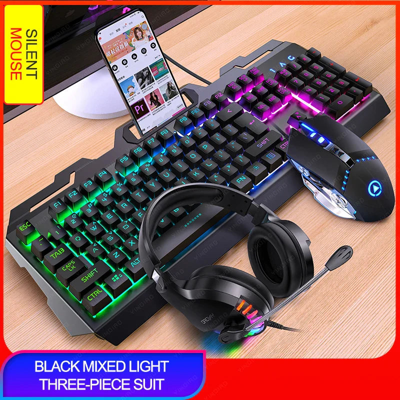 V2 Gaming Keyboard Mouse Headset Set Mechanical Feel Game 104 Keys Keyboards 3200DPI Mice Headphone Combos for PC Gamer