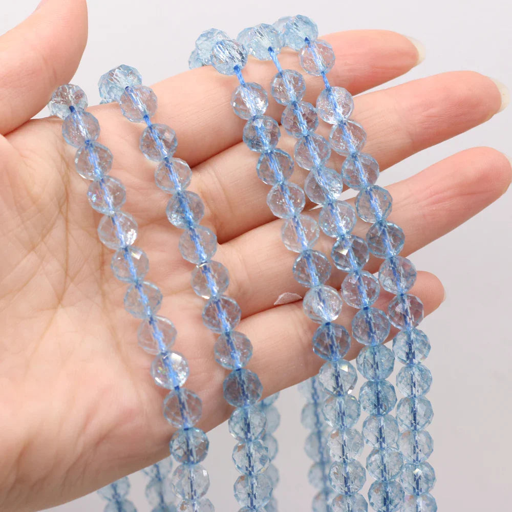 Natural Stone Beads Round Shape Faceted Blue Topaz Loose Spacer Beaded For Jewelry Making DIY Bracelet Necklace Accessories