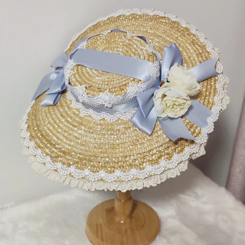 Japanese Lolita Sweet Handmade Straw Sun Hat Lace Patchwork Ribbon Bandage Bowknot Wide Brim Elegant Tea Party Beach Flat D0LF