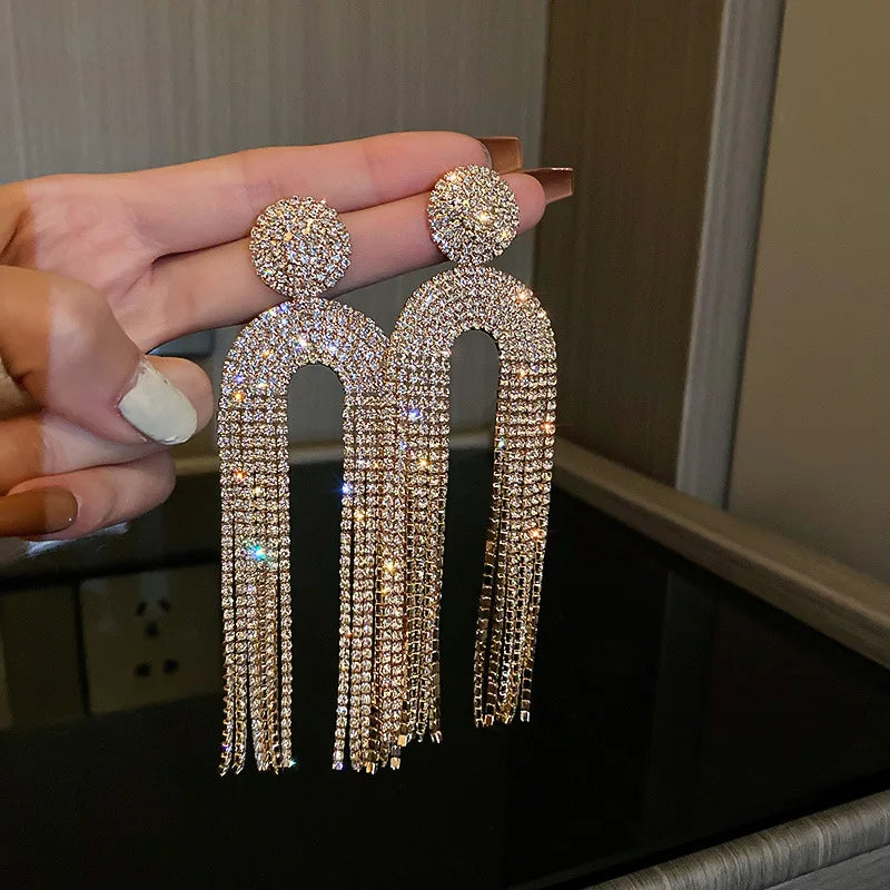 Fashion Statement Earring Long Full Rhinestone Big Earrings For Women Euorpe Evening Party Crystal Tassel Earings Wholesale