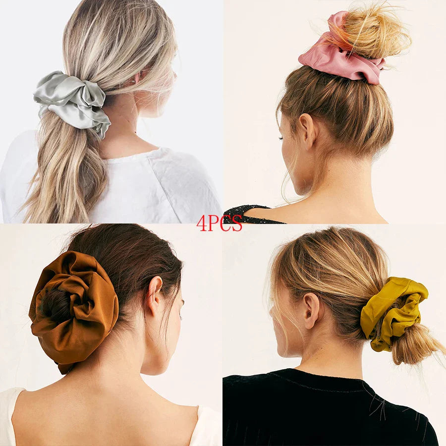 4Pcs/3Pcs Oversized Scrunchie Big Rubber Hair Tie Set Solid Stain Elastic Hair Bands Girl Ponytail Holder Super Hair Accessories