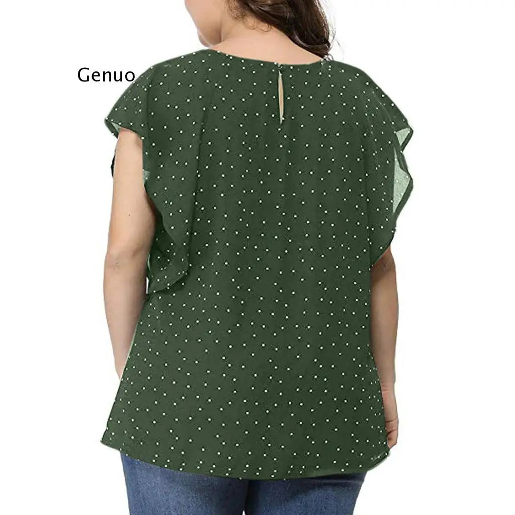 Women's Summer Plus Size Blouses Ruffle Sleeve Shirt Top Polka Dot Chiffon Round Neck Blouse Women Clothing