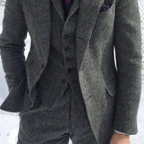 Gray Wool Tweed Winter Men Suit's For Wedding Formal Groom Tuxedo Herringbone Male Fashion 3 Piece Suit (Jacket + Vest + Pants)