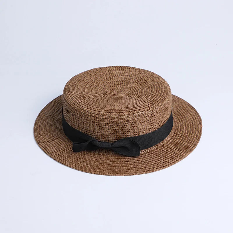 2019 Parent-child wholesale sun flat straw hat boater hat girls bow summer Hats For Women kid and Beach flat panama straw hat