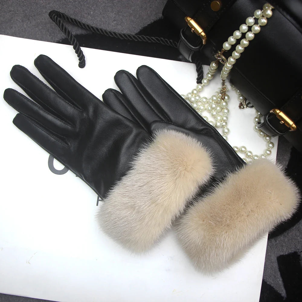 Real Sheepskin Fox Fur Gloves Women's Genuine Leather Glove Winter Warm Fashion Style Natural Fluffy Fox Fur Oversized Customize