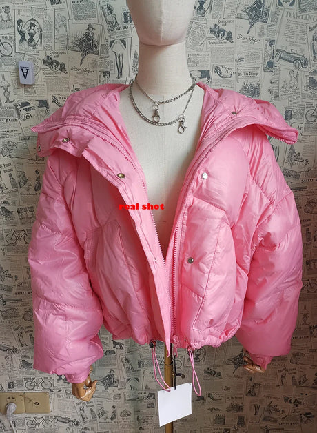 Street Jacket Short Candy Color All-match Bread Coat Women Shiny Warm Big Hooded Cotton Padded Parkas Fashion Winter Jacket Lady