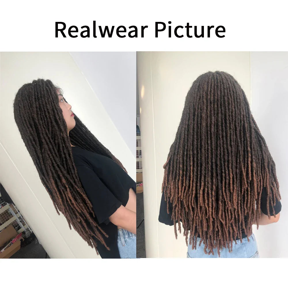 SOKU Braided Wig Middle part Lace Wig With Faux Locs Crochet Braid Hair 26 Inch Long Dreadlock Ombre Brown Synthetic Braids Wigs