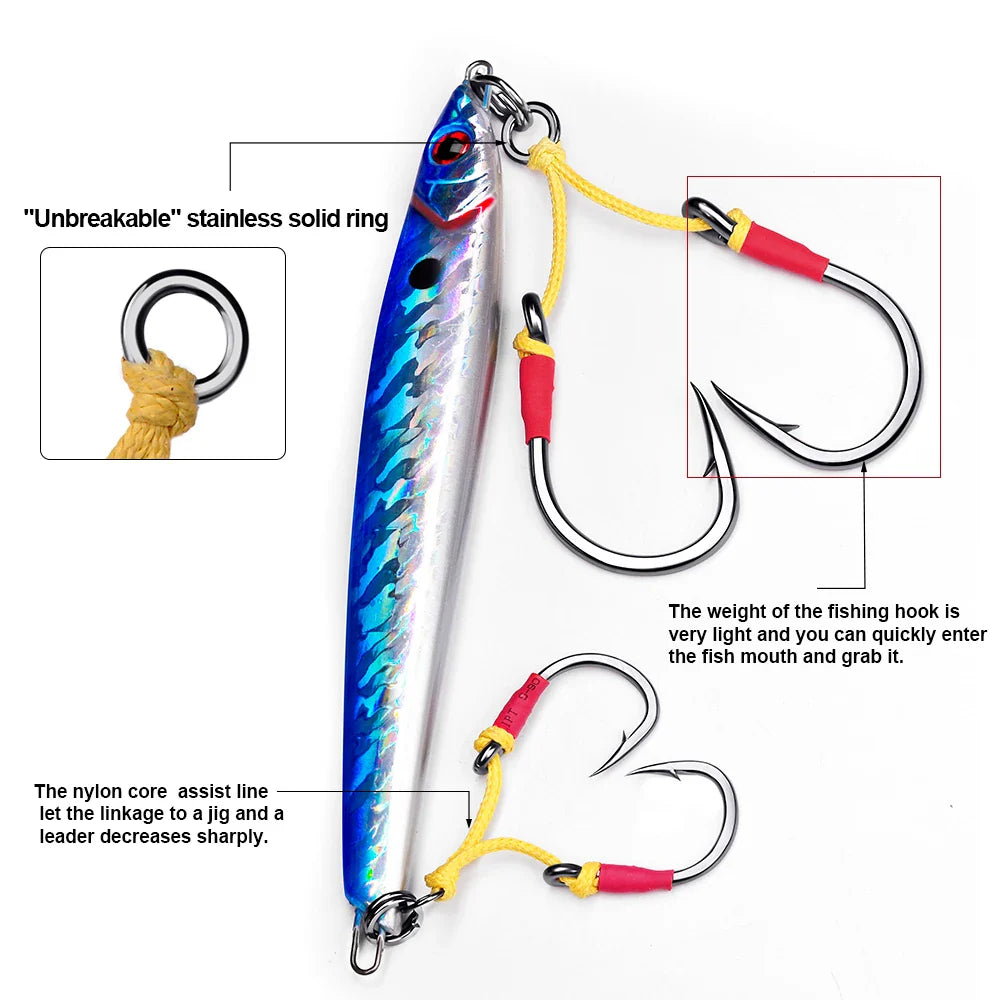 KATYUSHA 10Paris/lot Metal Jig Fishing Hooks 1/0-3/0-5/0-7/0-9/0-11/0-13/0# Jigging Assist Fishhooks With PE Line Feather Solid