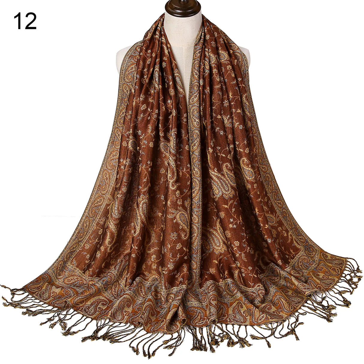 Pashmina Silk Scarf Shawl Wrap Paisley Jacquard Flowers Borders Rave 2 Layers Reversible Classic Tassels For Women 70X180cm 200g