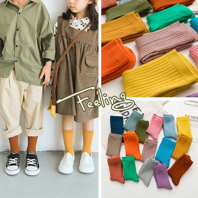 4 Pairs/pack Children's Socks Spring Autumn New Boys Girls Socks Trendy Candy Color Japanese Double Needle Tube Sock Baby Socks