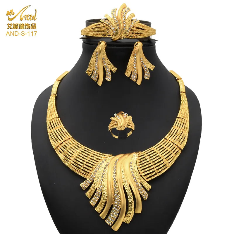 ANIID Nigerian Jewelery Set Wedding Jewelry For Women Dubai 24K Gold Color Jewlery African Designer Earrings Bridal Necklace