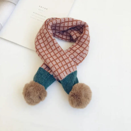 New Winter Children Plaid Knitted Scarves Korean Style Soft Pompon Patchwork Shawl Kids Warm Neckerchief