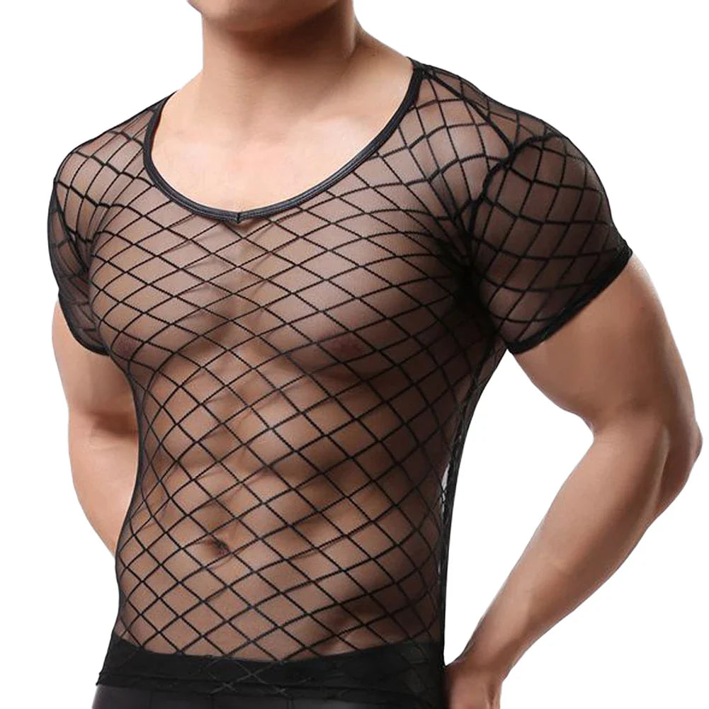 Night Club Sexy Men Short Sleeve Mesh T-Shirt See-through Fit Openwork Top Mesh T-Shirt See-through Fit Openwork Top Mesh T-Shir