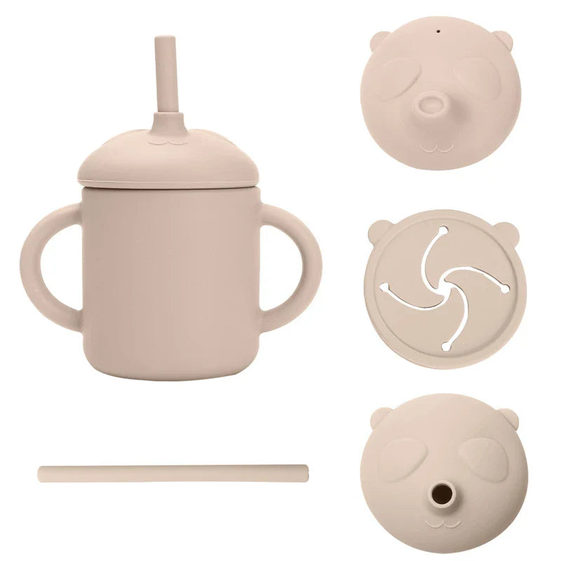 Baby Straw Cup 1Set Cartoon Panda Food Grade Silicone Dual-use Convenience Children's Feeding and Storage Snack Container