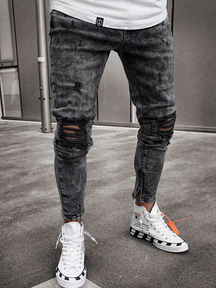 Men's Ripped Pencil Pants Men Skinny Denim Biker Side Striped Jeans Men's Fashion Foot Mouth Zipper Hip-Hop Slim Denim Trousers