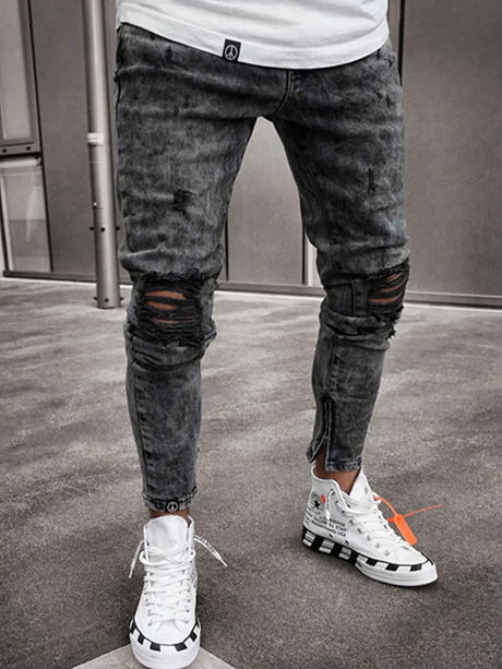 Men's Ripped Pencil Pants Men Skinny Denim Biker Side Striped Jeans Men's Fashion Foot Mouth Zipper Hip-Hop Slim Denim Trousers