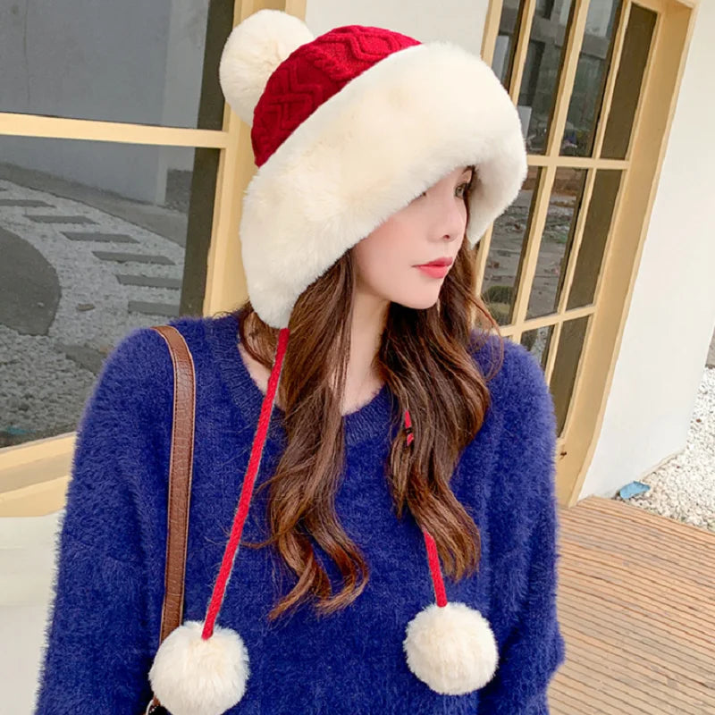 2021 New Pompom Winter Hats For Wome Earmuffs Thicken Ear-flapped Hat Fleece Lined Girl Knit Bonnets Cute Ladies Ear Beanies Cap