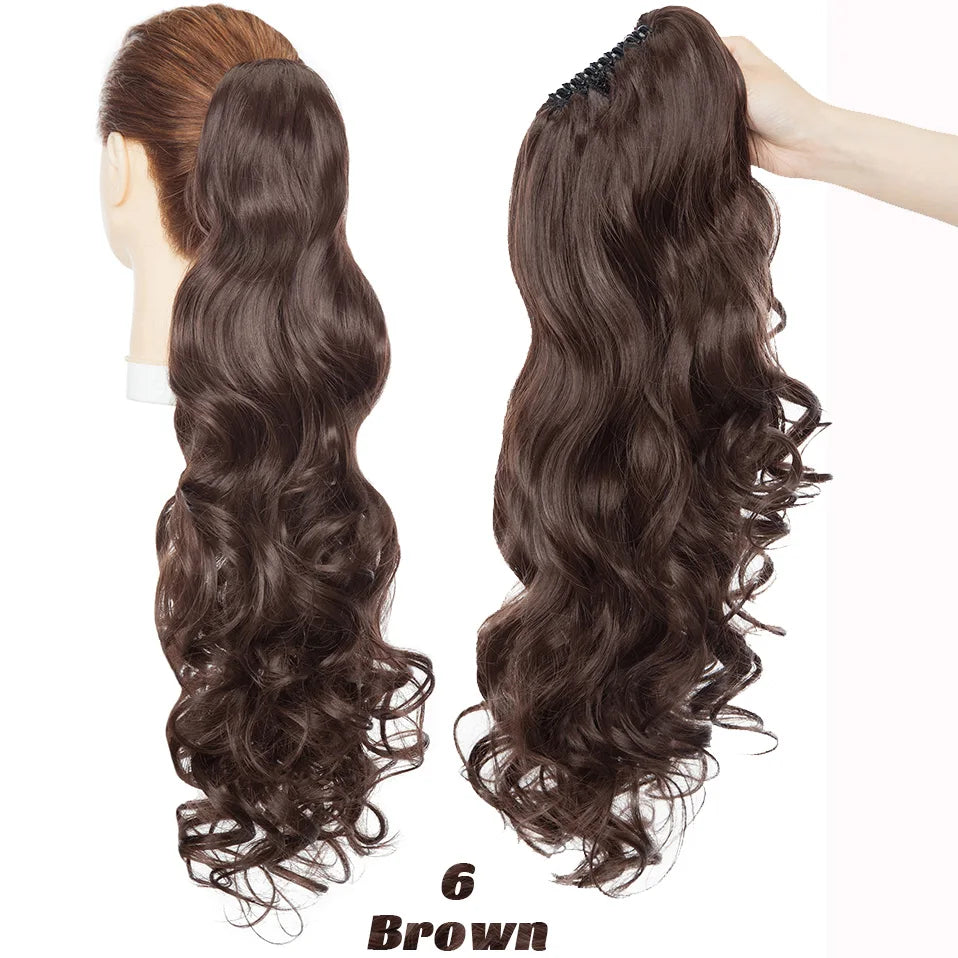 Benehair Synthetic 24inch Long Wavy Claw On Ponytail Black Brown Ombre Ponytail Deep Wave Hairpiece Clip In Extensions For Women