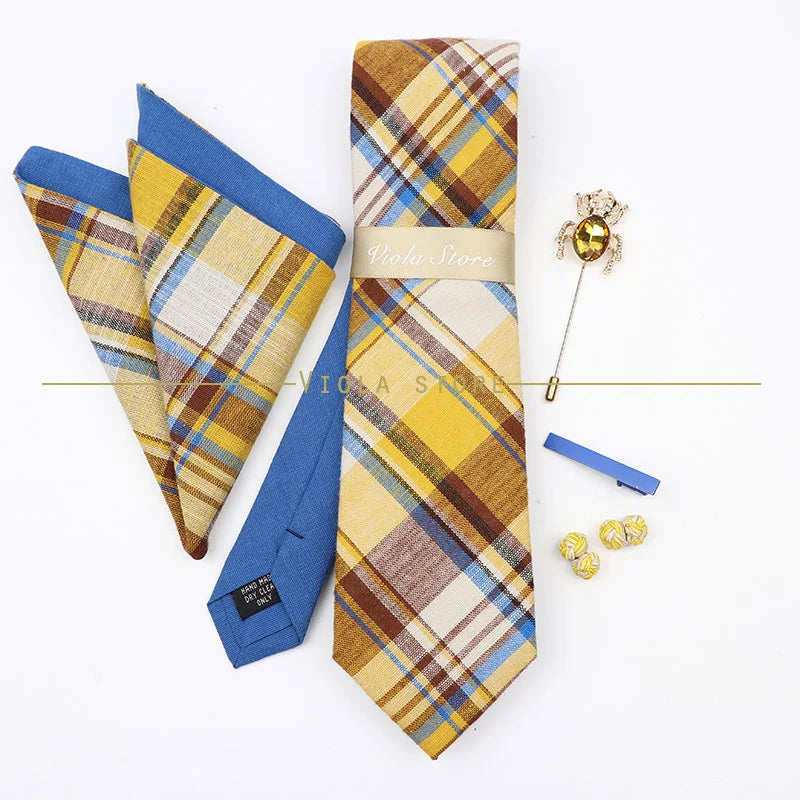 5 PCS Luxury Cotton Patchwork 7cm Tie Set Brooch Pin Clip Hankie Cufflink Men Party Daily Striped Floral Cravat Gift Accessory