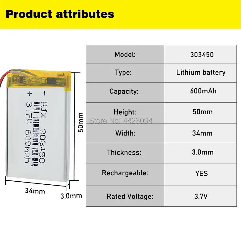 Rechargeable 3.7V 600mAh Battery 303450 Lithium Polymer Li-Po li ion Battery Lipo cells For MP3 MP4 GPS Electric Toy BT Headset