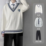 Autumn And Winter College Style V-neck Knitted Sweater Unisex Student Shirt Sweater Pants 3-pcs JK Uniform Couple Class Service