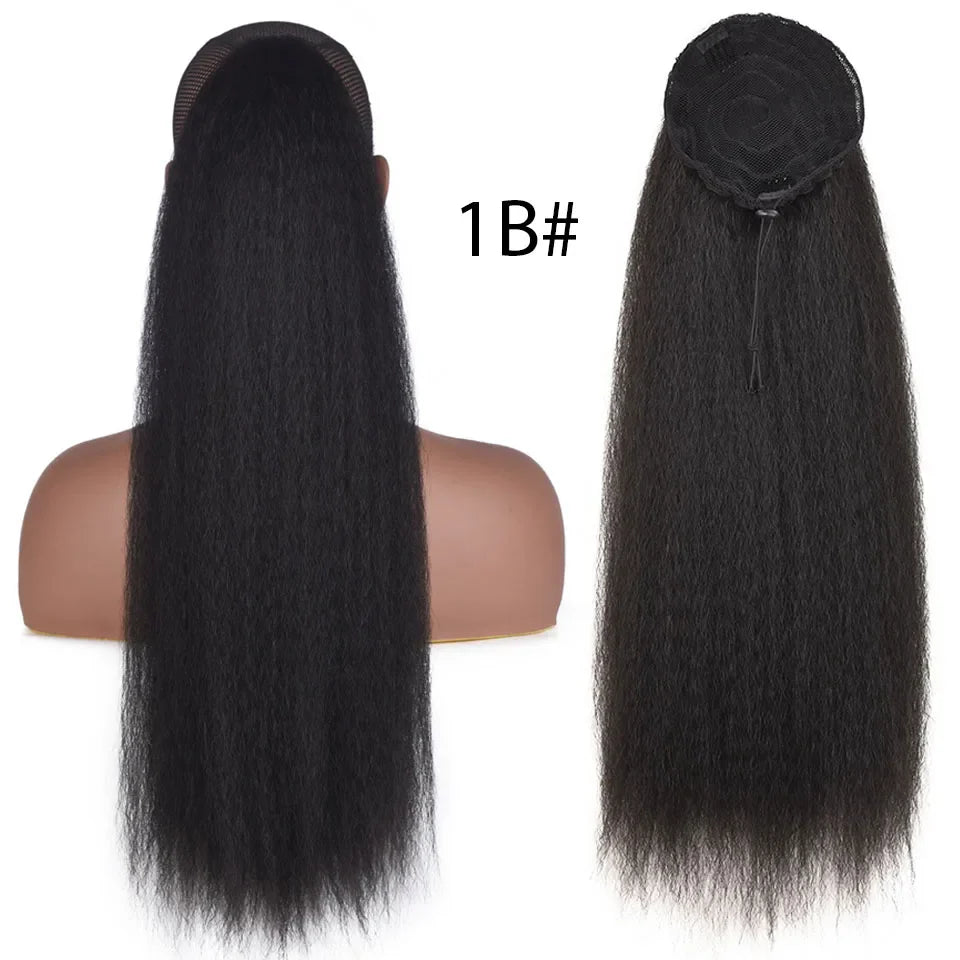 HANNE Yaki Straight Ponytail Hair Extensions For Black Women Wrap Around Clip In Magic Paste Heat Resistant Synthetic Hair Piece