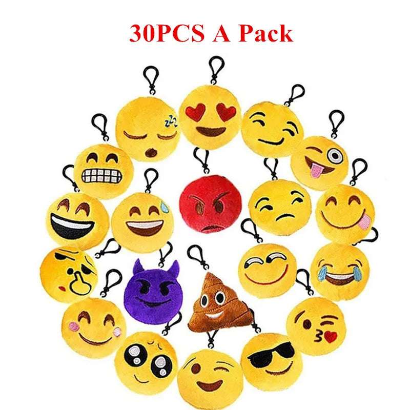 Random 30PCS/pack Funny expression Keychain Creative Cartoon Plush Smiley Keyring Christmas Pendant Mobile Phone Hanging Rope