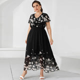 Plus Size Casual Women's Dresses 2023 Summer Ruffles V Neck Short Sleeve Floral Maxi Long Dress Black Chiffon Boho Beach Dresses