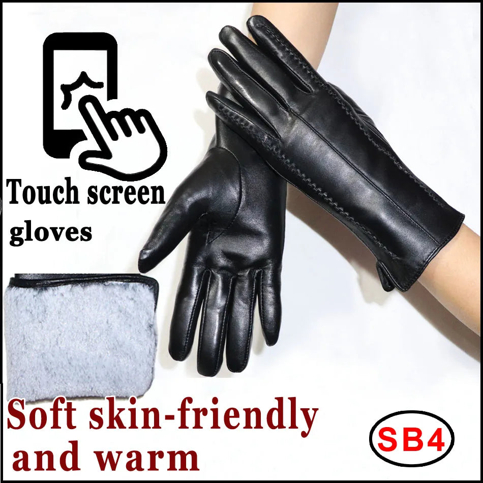 Women's sheepskin gloves winter warmth plus velvet short thin touch screen driving female color leather gloves new high-end 2023