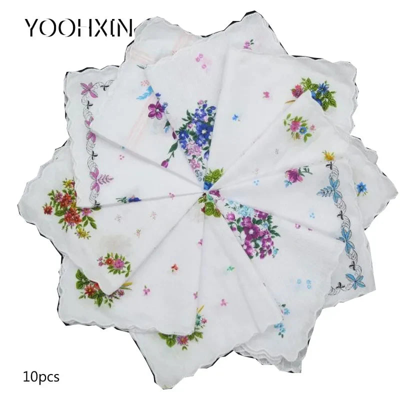 HOT white Ladies square Handkerchief Cotton Flowers Women children print face hand towels Hanky wedding Christmas Gifts 10pcs