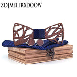 Fashion Hollow Carved Wooden Bow Tie Navy Blue Solid Handmade Wood Bowtie Suit Mens Wedding Gravate Cufflinks Sets Accessories