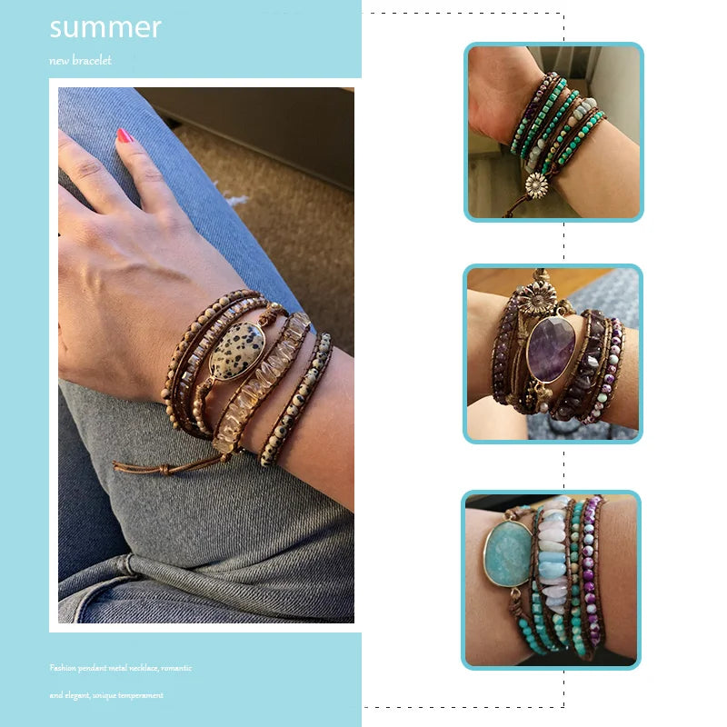 RH Fashion Handma Bohemian Jewelry Boho Bracelet Mixed Natural Stones Charm 5 Strands Wrap Bracelets Gift DropShipping