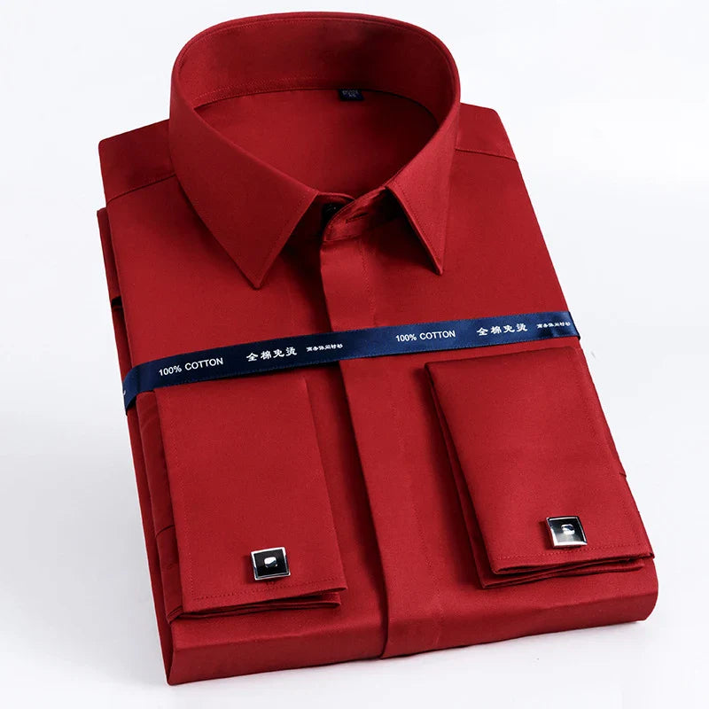 Luxury Mercerized Cotton French Cuff Button Shirts Long Sleeve Red White Men Tuxedo Wedding Business Dress Shirt with Cufflinks