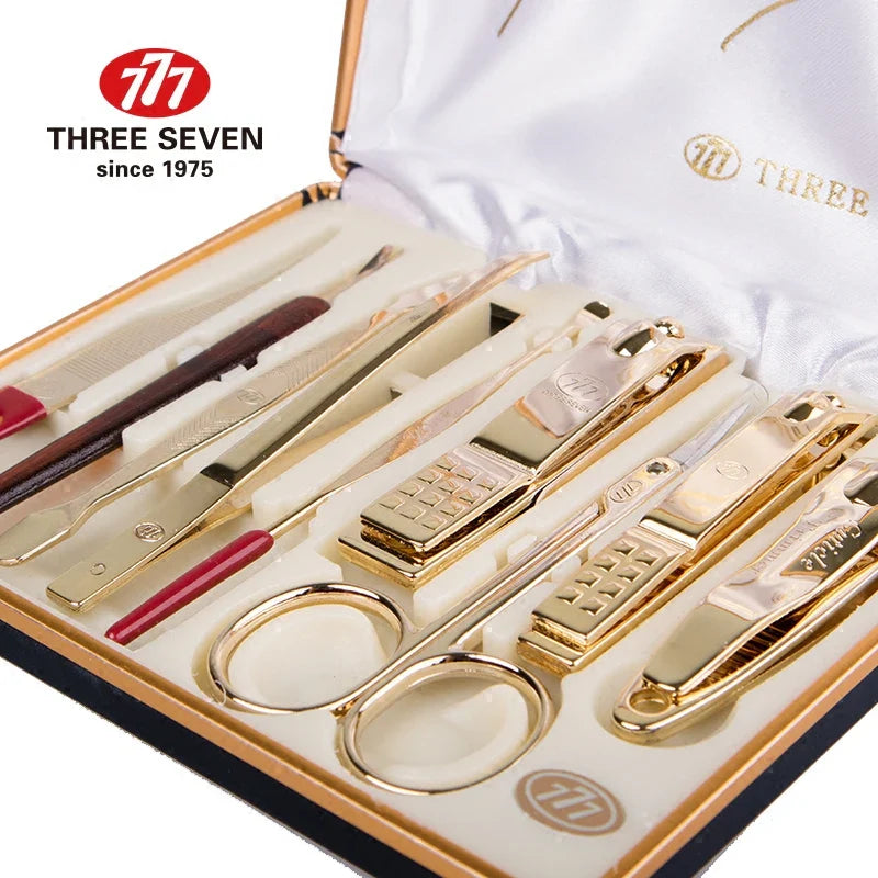 THREE SEVEN/777 Luxury Nail Clippers Trimmers Kit 14K Gold-plated Earpick/Nail file/Eyebrow clip 9 in 1 Nail Art & Tools Kits