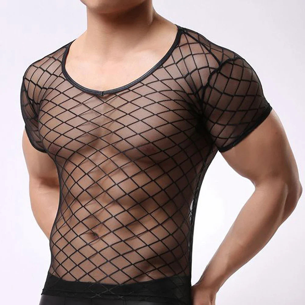 Night Club Sexy Men Short Sleeve Mesh T-Shirt See-through Fit Openwork Top Mesh T-Shirt See-through Fit Openwork Top Mesh T-Shir