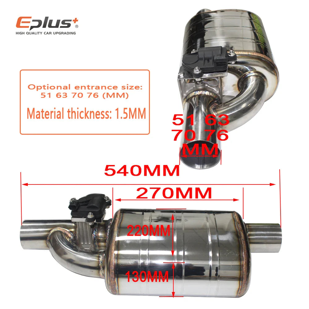 EPLUS Car Exhaust System Electric Valve Control Exhaust Pipe Kit Adjustable Valve Angle Silencer Stainless Universal 51 63 70 76