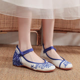 Veowalk Blue Flowers Embroidered Women's Canvas Ballet Flats Vintage Chinese Style Ladies Casual Ankle Strap Cotton Dance Shoes