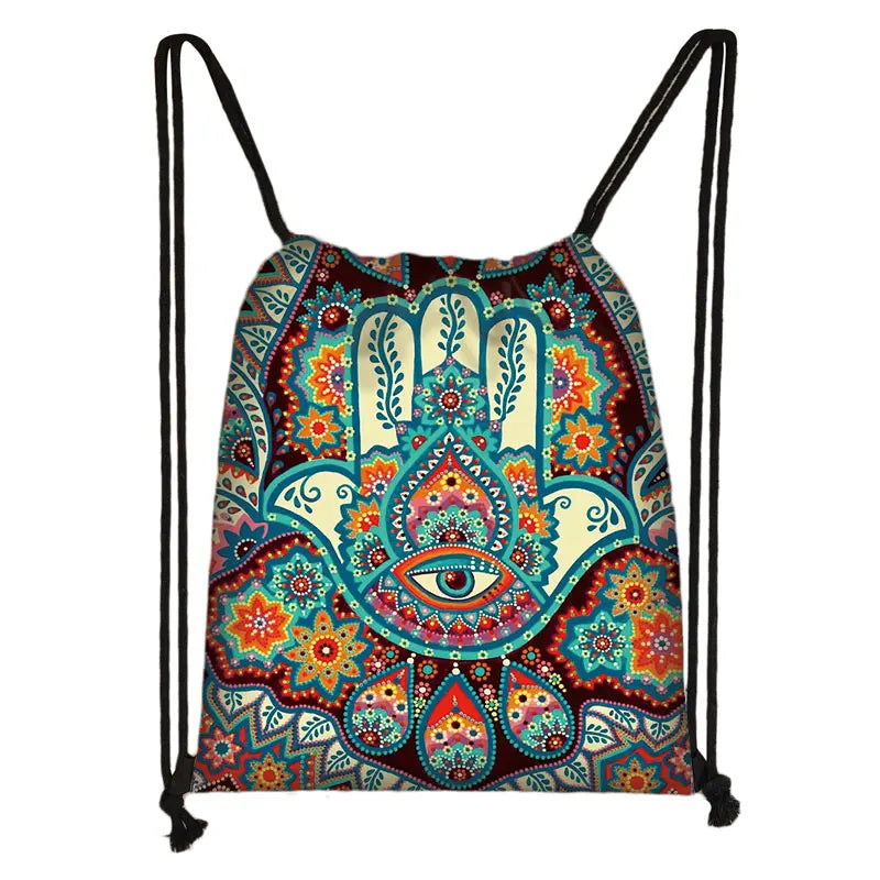 Mandala  / Hamsa Fatima Hand/ Buddha Lotus Flower backpack woman  Drawstring Bag girls Storage Bag Ladies  travel bag