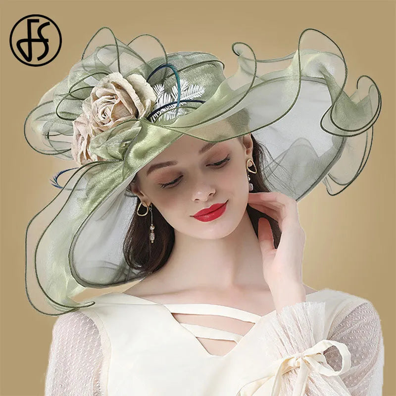 FS Flower Fascinator Women Kentucky Derby Wide Brim Wedding Church Organza Sun Hat 2023 Elegant Large Ladies Fedoras