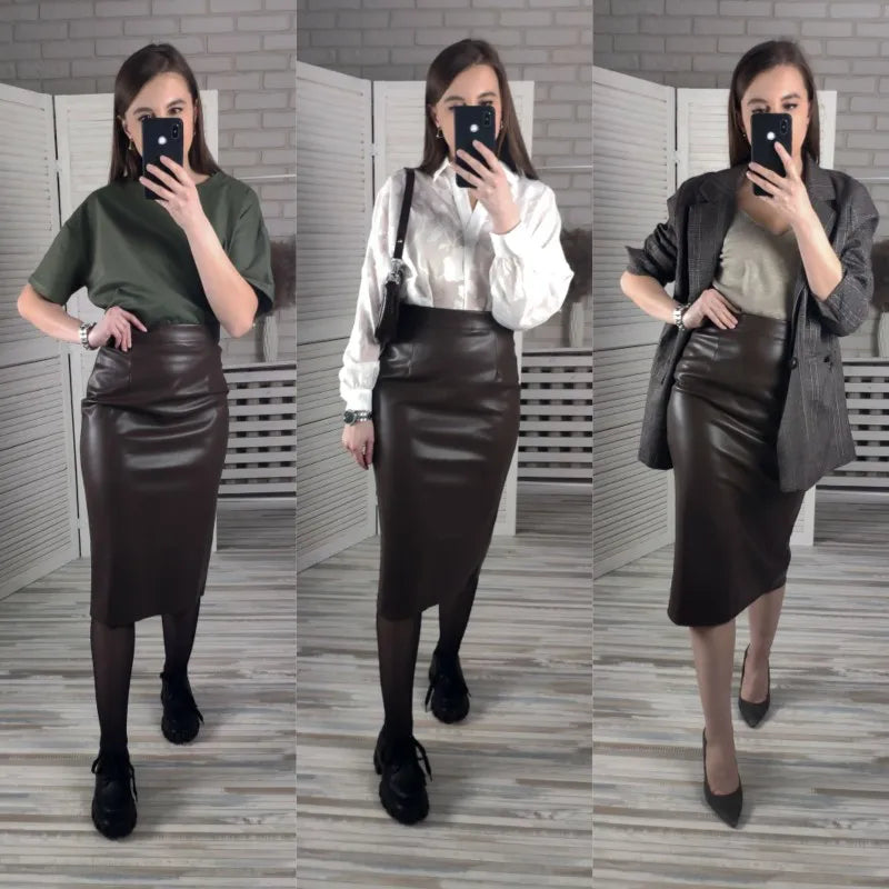 Neophil 74cm Women's Winter Pu Leather Midi Skirts Pencil Bodycon Elegant Office Ladies High Waist Faux Stretch Sexy Skirt S9902