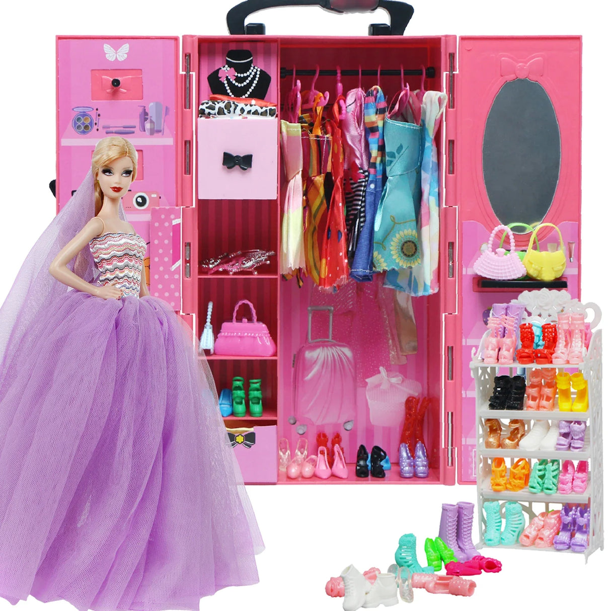 Fashion Dollhouse Furniture 67 Items/Set = 1x Wardrobe + 1 Shoes Rack + 65 Accessories Dolls Clothes Dress Shoes for Barbie Doll