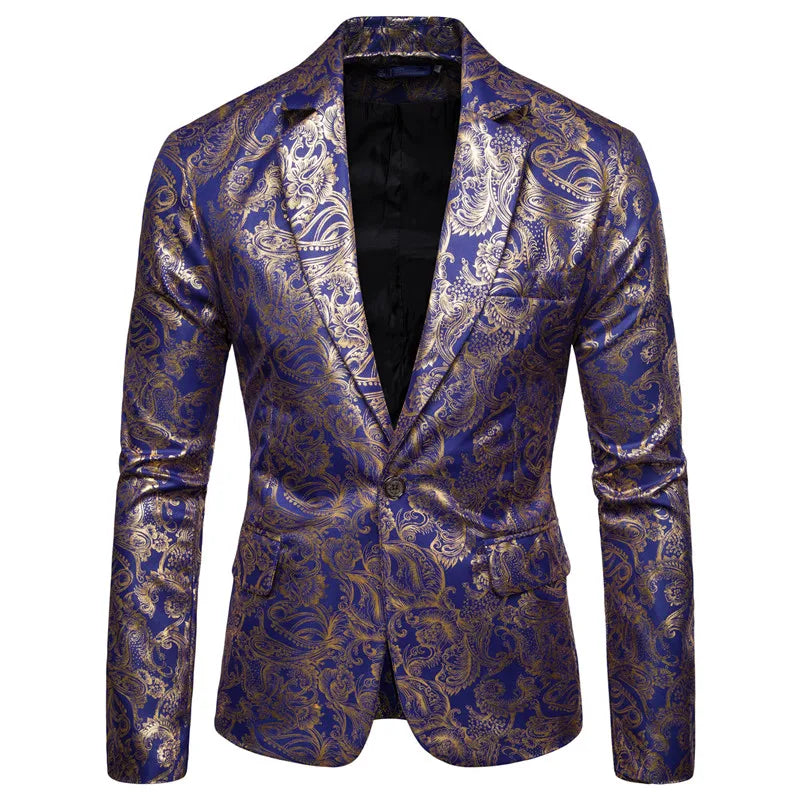 Men's Golden Floral Blazers Business Casual Suit Wedding Dress Gold Blazer Coats Jackets